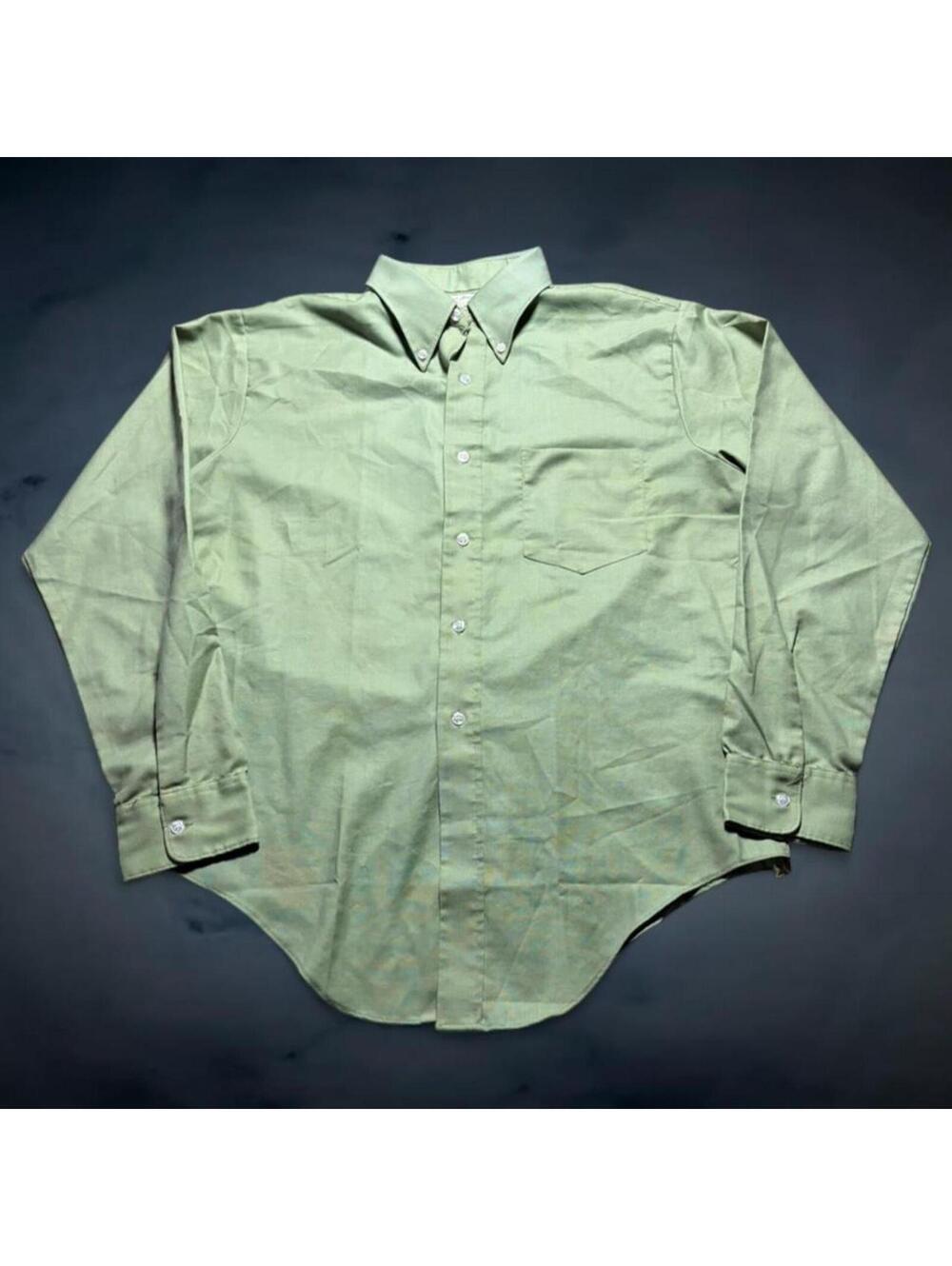 Vintage 70s Golden Cue Perma Press Button Up Dress Shirt Mens Size L Lime Green